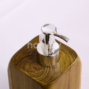 Round Teak Wood Sustainable Grain Soap Dispenser Bottle Manual Liquid Soap <b>Pump</b> Conditioner Container Desktop for Hotel Bathroom - Product Image 2