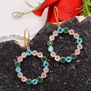 Haute qualité fait à la main naturel Multi calcédoine pierres précieuses 925 en argent Sterling plaqué or mode crochet boucles d'oreilles pour femmes et fille - Product Image 2