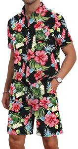 เสื้อเชิ้ตแขนสั้นพิมพ์ลายดอกชบาสีดำแดงสำหรับผู้ชาย พร้อมกางเกงขาสั้นเข้าชุด 2 ชิ้น ชุดลำลองสไตล์ฮาวาย - Product Image 5