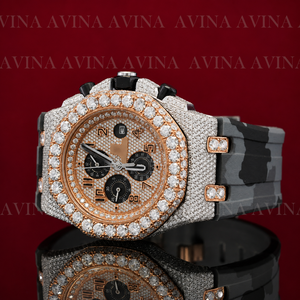 Reloj Cronógrafo de Lujo con Diamantes para Hombre, Reloj Hip Hop Personalizado con Bisel de Oro Rosa y Correa de Goma Camuflada, Reloj de Pulsera de Cuarzo - Product Image 2