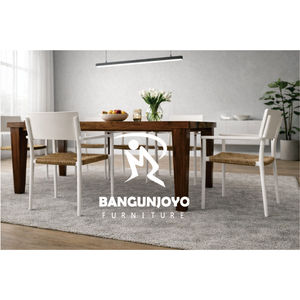 Eco-Friendly Durable Dining <b>Table</b> Set with Monkey Pod Wood and Iron Chairs Wrapped in Synthetic Woven Rope Modern Design - Product Image 3