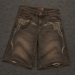 Washed Olive Denim Jorts Men Baggy Y2K Streetwear <b>Shorts</b> with Distressed Finish & Utility Loop Low MOQ Wholesale - Product Image 1