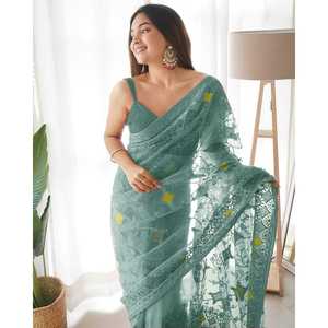 Sari en soie de créateur pour mariages, broderie multicolore au fil et au zari - Product Image 4