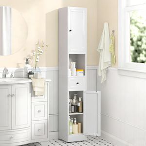 Mobiletto da Bagno Alto 71 Pollici in Metallo Bianco, 5 Ripiani, Stretto, con 2 Ante e Ripiani Regolabili, Autoportante - Product Image 1