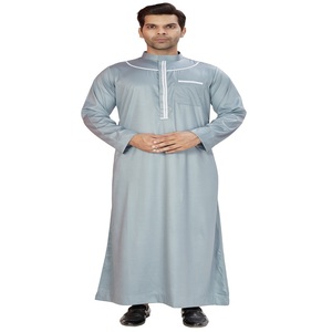 <b>Men's</b> Light Blue Polyester Cotton Long Sleeve Floor Length <b>Thobe</b> Neck Modest Prayer Wear Middle East Ethnic Regular Fit - Product Image 2