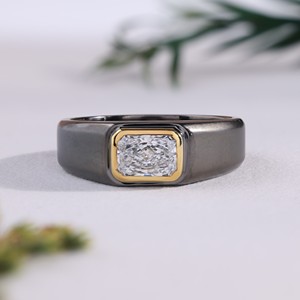 Two Tone Gold Bezel Radiant Cut Diamond Black Rhodium Signet <b>Ring</b> Brushed Texture <b>Men</b> Wedding Band Minimalist Fine Jewelry Gift - Product Image 1