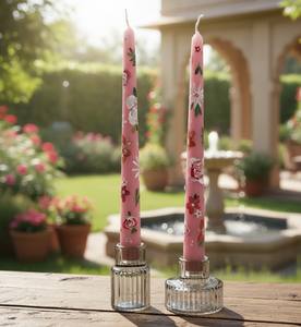 Velas Cónicas Florales Rosas Pintadas a Mano, Material WAXWARE, Edición Navidad y Pascua, Elegante Juego de Decoración Inspirado en el Jardín (2) - Product Image 1