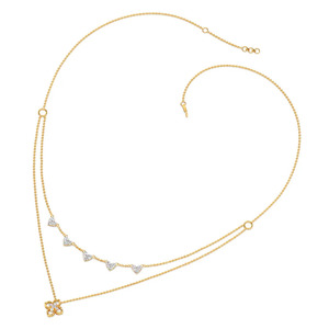 Layered Heart Charm Diamond <b>Necklace</b> with <b>Delicate</b> Double Chain and Floral Drop Accent Design - Product Image 1