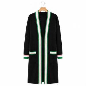 Women Long Striped Knit <b>Cardigan</b> V-Neck Full Sleeve Casual Winter Wear 100% Acrylic Anti-Pilling Open Stitch <b>Pockets</b> - Product Image 1