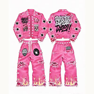 Custom <b>Gothic</b> Punk Streetwear Tracksuit Acid Wash Distressed <b>Jacket</b> Baggy Flame Sweatpants Y2K Unisex Set - Product Image 2