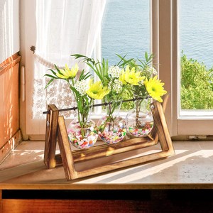 1 pezzo vaso di vetro fioriera in legno supporto idroponica pianta girevole vaso di vetro da tavolo fioriera per ufficio decorazione accessori - Product Image 3
