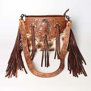 Brown White Fur Florals <b>Tooling</b> Carved 100% Genuine <b>Leather</b> Vintage Lady Cross-Body Shoulder Sling Bags Long Fringes Women - Product Image 1