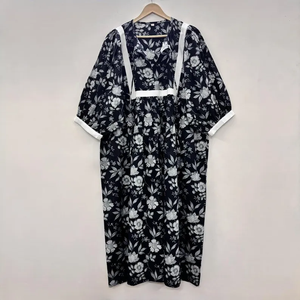 Vestido Casual Midi para Mujer, Tejido 100% Algodón, Liso, Manga Corta, Cintura Imperio, Estilo Babydoll, Cuello en V, Holgado, Funcional - Product Image 1