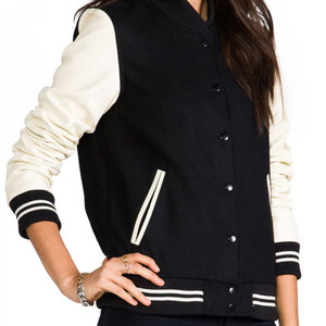 Veste universitaire noire et crème pour femme avec bordure contrastée, manches longues, col rabattu, design à simple boutonnage - Product Image 3
