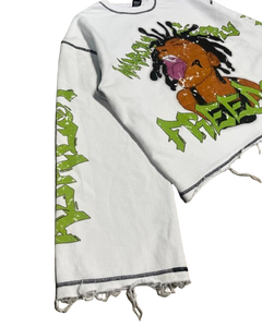 เสื้อยืดแขนยาวพิมพ์ลายกราฟิกสีขาว เสื้อสตรีทแวร์แบบหนา เสื้อยืดแขนยาวสไตล์ดิสเทรส ผู้ผลิตสินค้าภายใต้แบรนด์ของผู้จ้าง (OEM) - Product Image 3