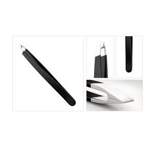 Premium Set of 3 Eyebrow Tweezers Slanted Pointed Straight Tip Black Stainless Steel with PU Leather Pouch <b>Makeup</b> <b>Tool</b> Kit - Product Image 1