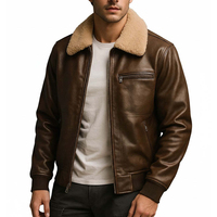 Veste en cuir de vache marron pour homme avec col en fausse fourrure, fermeture éclair, style motard hiver, manteau épais et chaud, logo frontal