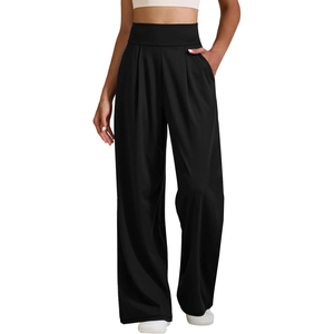 Pantalon pour femme noir à jambes larges, taille haute, élastique, plissé, coupe ample, longueur complète, décontracté, avec poches, couleur unie - Product Image 3