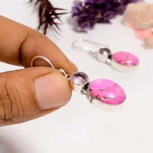 Pink Cotton Candy Dahlia Turquoise & Kunzite <b>Dangle</b> <b>Earrings</b>, 925 Sterling <b>Silver</b> Boho Gemstone Jewelry Gift for Her - Product Image 5