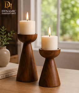 Set of 2 Wooden Pedestal <b>Candle</b> Holders Handcrafted Rustic Tealight Stand Home Decor Table Centerpiece - Product Image 2