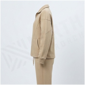 <b>Women</b> 100% Cotton Midweight Fleece Tracksuit Set Full <b>Zip</b> Stand Collar Solid Color Casual Autumn Jogger Sweatpants & Jacket - Product Image 3