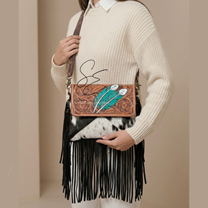 Handmade Western Tooled Leather Crossbody Bag Real Cowhide Fur Fringe Handbag Vintage Boho Shoulder Bag for Women Cowgirl <b>Purse</b> - Product Image 3