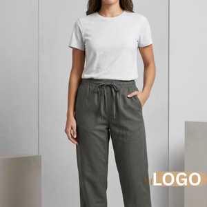 Pantalon en coton taille haute pour femme, coupe droite, devant plat, avec cordon de serrage, couleur unie, décontracté, longueur intégrale, délavé, pour le printemps - Product Image 2