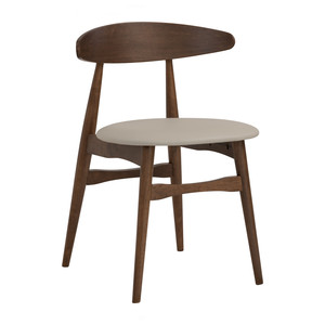 Chaise de salle à manger finition cacao, structure en chêne malaisien, dossier en bois courbé sculpté, assise rembourrée en cuir PU crème, pour maison, bureau, appartement - Product Image 5