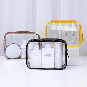 <b>Clear</b> PVC Zipper Cosmetic Travel Pouch Set PE Resealable Makeup Storage <b>Bag</b> <b>Toiletries</b> Beauty Products Pink Blue Yellow Trim - Product Image 3
