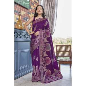 BANARASI À LA MODE SOIE DOUCE TISSANT ZARI TRAVAIL SAREE AVEC CHEMISIER NON COUDU VIOLET - Product Image 1