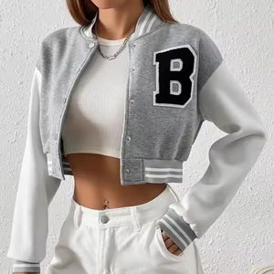 Wholesale Women's Cropped Letterman Varsity Jacket Custom Embroidered Logo Stand Knitted Wool Cotton Baseball Shirt Inspired - Product Image 1
