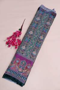 Tela con estampado floral en rayas color verde azulado oscuro con borde ornamental para diseño de vestido Kurti, material para ropa étnica. - Product Image 5