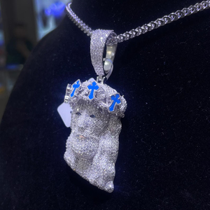 Pendentif Visage de Jésus Plaqué Argent avec Croix Bleue et Couronne, Diamants Moissanite, Charme Religieux, Bijou Hip Hop pour Homme, Cadeau - Product Image 3