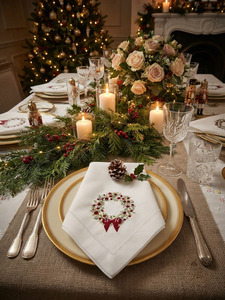 Servilleta DE CORONA DE Navidad de tela de lino personalizada, servilleta de cena con lazo rojo bordado, Hemstitch, hogar, Hotel, vacaciones, uso en la cocina - Product Image 5