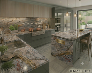 SOON CERAMIC LLP Tempest Blue, quartz écologique, dalle épaisse de 15 à 30 mm, matériau de comptoir imperméable, design contemporain - Product Image 1