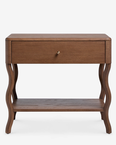 Table de chevet en teck Serpent Leg avec bord arrondi lisse, 1 tiroir et plateau inférieur ouvert - Product Image 1