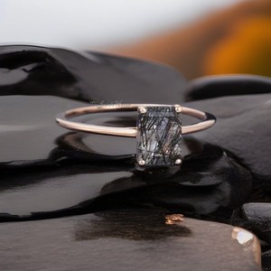 925 Sterling <b>Silver</b> Classic <b>Emerald</b> Cut Black Rutilated Gemstone <b>Ring</b> Elegant Fine Jewelry for Engagement Anniversary Gifts - Product Image 3