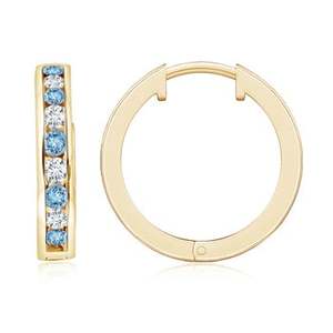 14Kt Yellow Gold Aquamarine Diamond Hoop <b>Earrings</b> Round Channel Set Huggie <b>Earrings</b> <b>Fine</b> March Birthstone Jewelry - Product Image 1