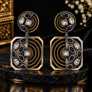 Boucles d'oreilles pendantes ethniques faites à la main en laiton plaqué or et argent, serties de zircon, style antique, qualité export, cadeau de fête - Product Image 5