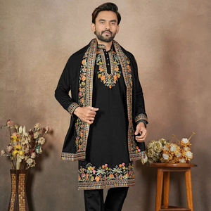 Traditional Embroidery & Sequence Work Silk Straight <b>Kurta</b> Set for Wedding Party & Diwali - Product Image 1