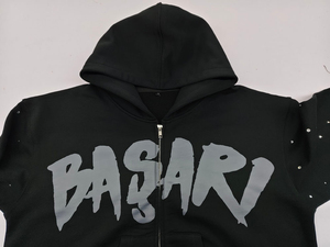Custom Logo Printed Vintage Washed Hoodies <b>Zip</b> up Men Heavyweight Cotton Sunfaded Rhinestone Hoodie - Product Image 3