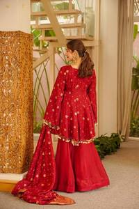 <b>Red</b> <b>Silk</b> Embroidered Salwar Kameez Set With Dupatta Floral Sequin Anarkali Outfit Traditional Dress for Wedding Party - Product Image 3