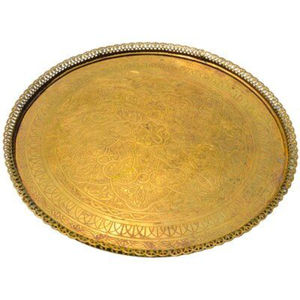 Plateau de service à thé marocain artisanal en laiton, plateau en métal oriental vintage avec gravures géométriques, plateau rond décoratif pour table - Product Image 3