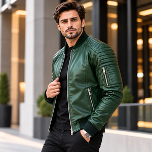 Chaqueta Bomber de Cuero Verde para Hombre con Mangas Acolchadas y Cierres Metálicos - Product Image 3