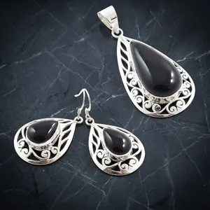 Black Onyx 925 Sterling Silver Chic Indian Jewelry Set With Elegant Handmade Pendant Earrings For Women Traditional Fashion - Product Image 3