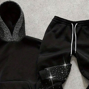 Survêtement noir à capuche 2-en-1 respirant pour femme, manches longues, imprimé à pois avec strass, cordon de serrage, sweat-shirt décontracté avec poches latérales, hiver - Product Image 6