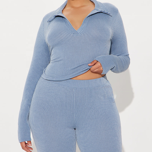 Offre Spéciale – Ensemble 2 Pièces Tricoté pour Femme : Combinaison Longue en Maille Côtelée à Col Cranté et Tenue Décontractée Chic Couleur Unie pour Clubbing - Product Image 3