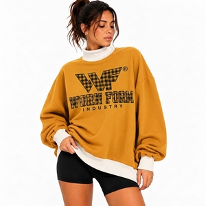 Suéter de cuello alto simulado para mujer, de mezcla de algodón grueso y pesado, bicolor, de corte holgado, estilo urbano, con estampado de franela personalizado, al por mayor - Product Image 2