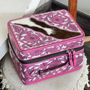 Women Fashionable Hand Tooled Leather Cosmetic <b>Case</b> <b>Medium</b> Size Cowhide Print Zipper Closure Portable Soft Handle Jewelry Box - Product Image 2