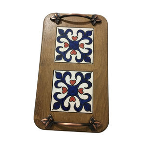 Plateau de service ovale marocain en bois fait main avec poignées, plateau à thé en métal gravé, style vintage, décoration d'intérieur, plateau ottoman - Product Image 4